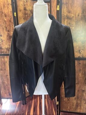 bagatelle Black Draped Faux Leather Jacket with Suede Collar
